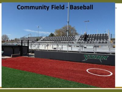 A photo of completed bleachers at the Chemeketa baseball stadium with the words 