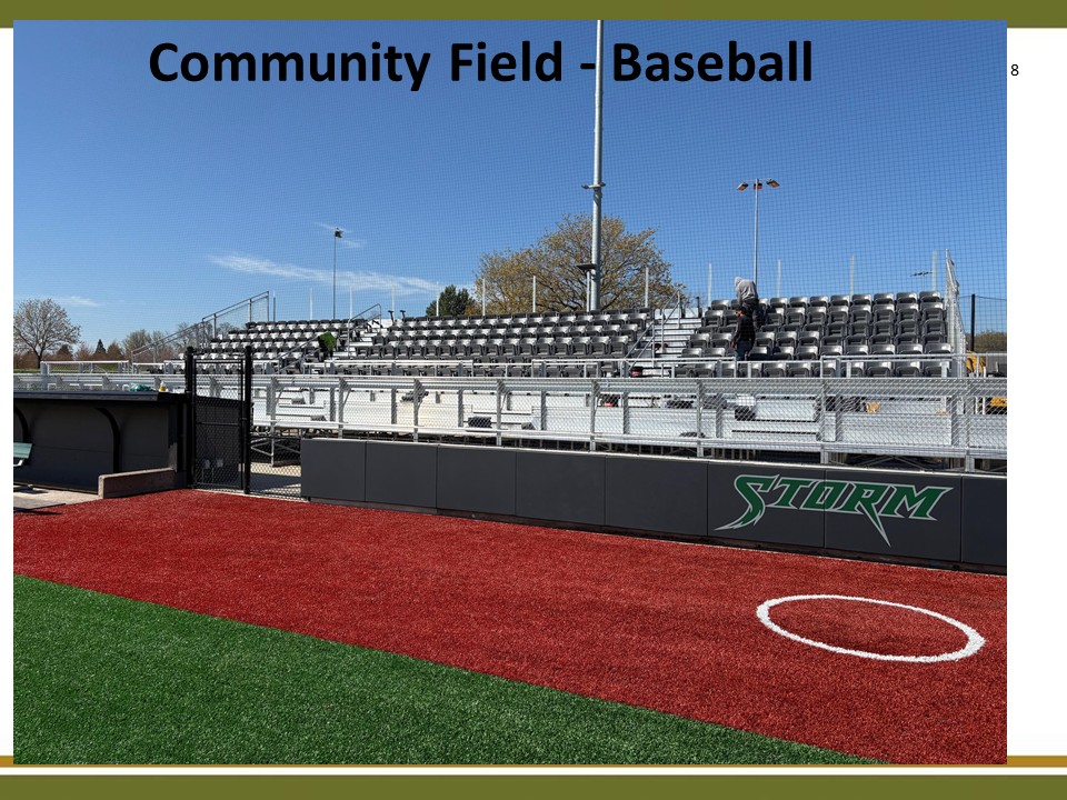 A photo of completed bleachers at the Chemeketa baseball stadium with the words 