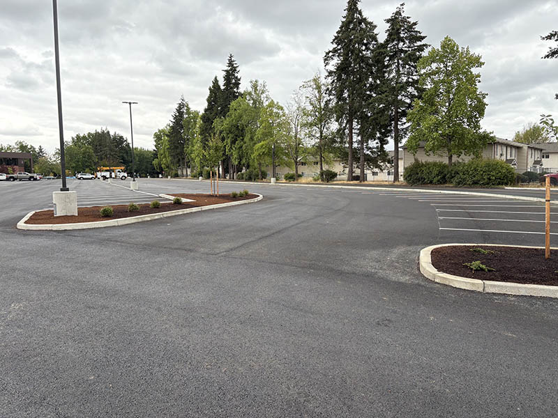 A newly repaved parking lot with landscaping islands