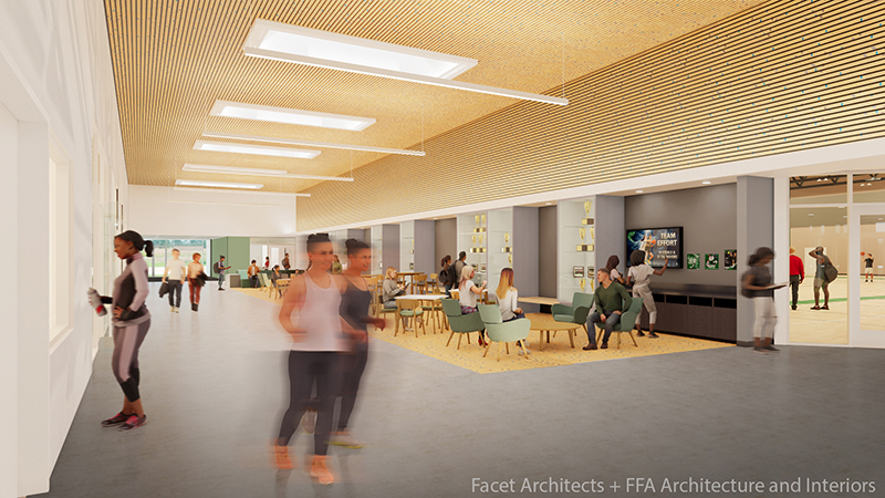 Rendering of lobby and gymnasium entrance of remodeled Building 7