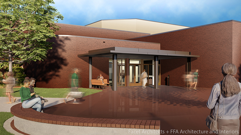 A rendering of the exterior of the SW entrance area of the remodeled Building 7
