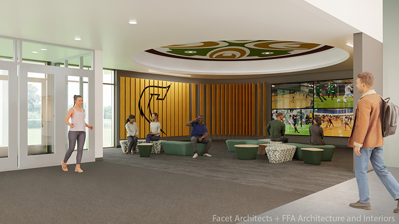A rendering of the lounge area and an entrance to the remodeled Building 7