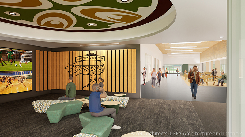 A rendering of the lounge and the lobby area of the remodeled Building 7