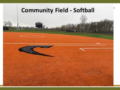 A picture of the infield of the new softball field with the words 