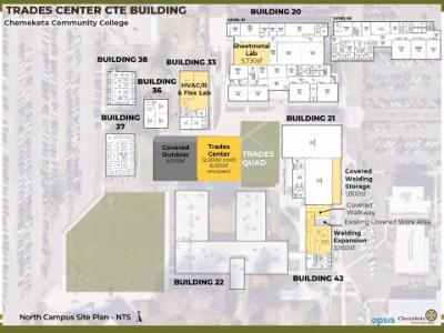 A diagram of the north end of Salem Campus, with the location of the future Trades Center in the middle.