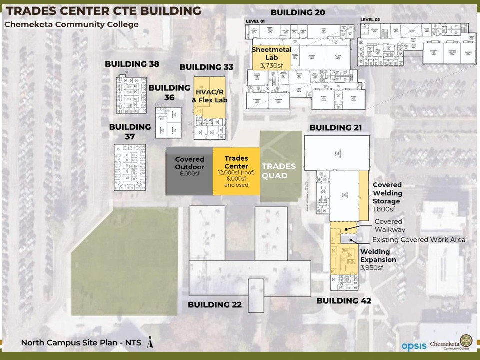 A diagram of the north end of Salem Campus, with the location of the future Trades Center in the middle.